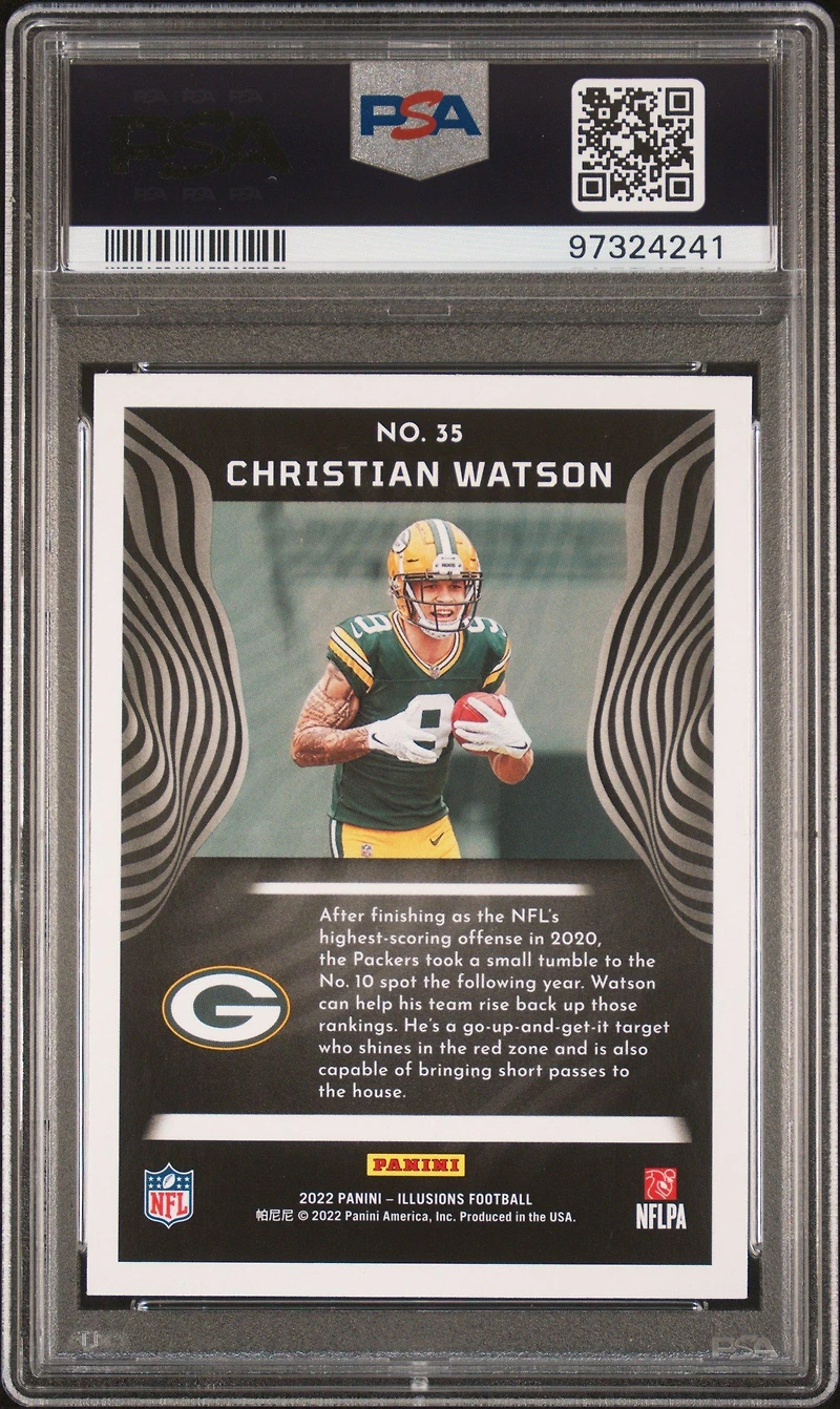 2022 Panini Illusions 35 Christian Watson Trophy Collection Emerald PSA 10