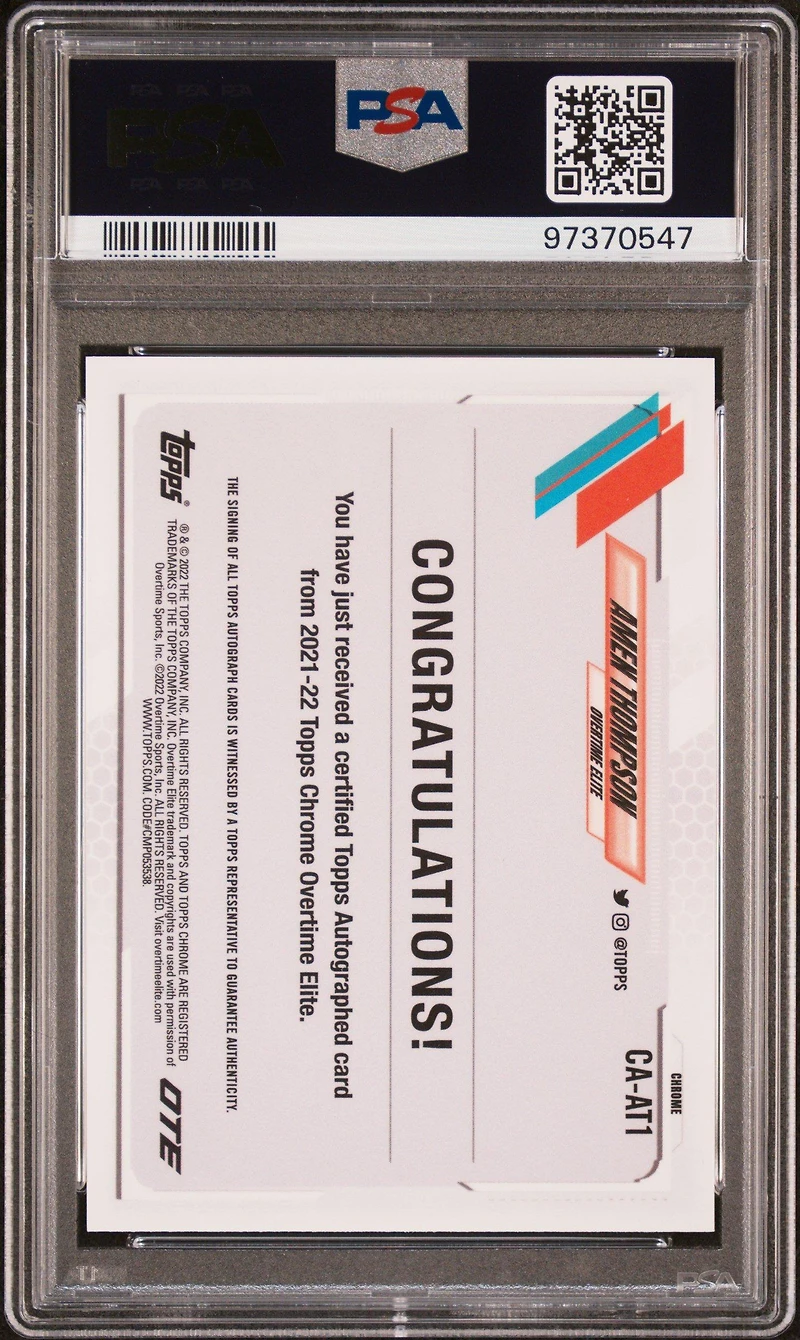 2021 Topps Chrome Overtime Elite Autographs Caat1 Amen Thompson PSA 10
