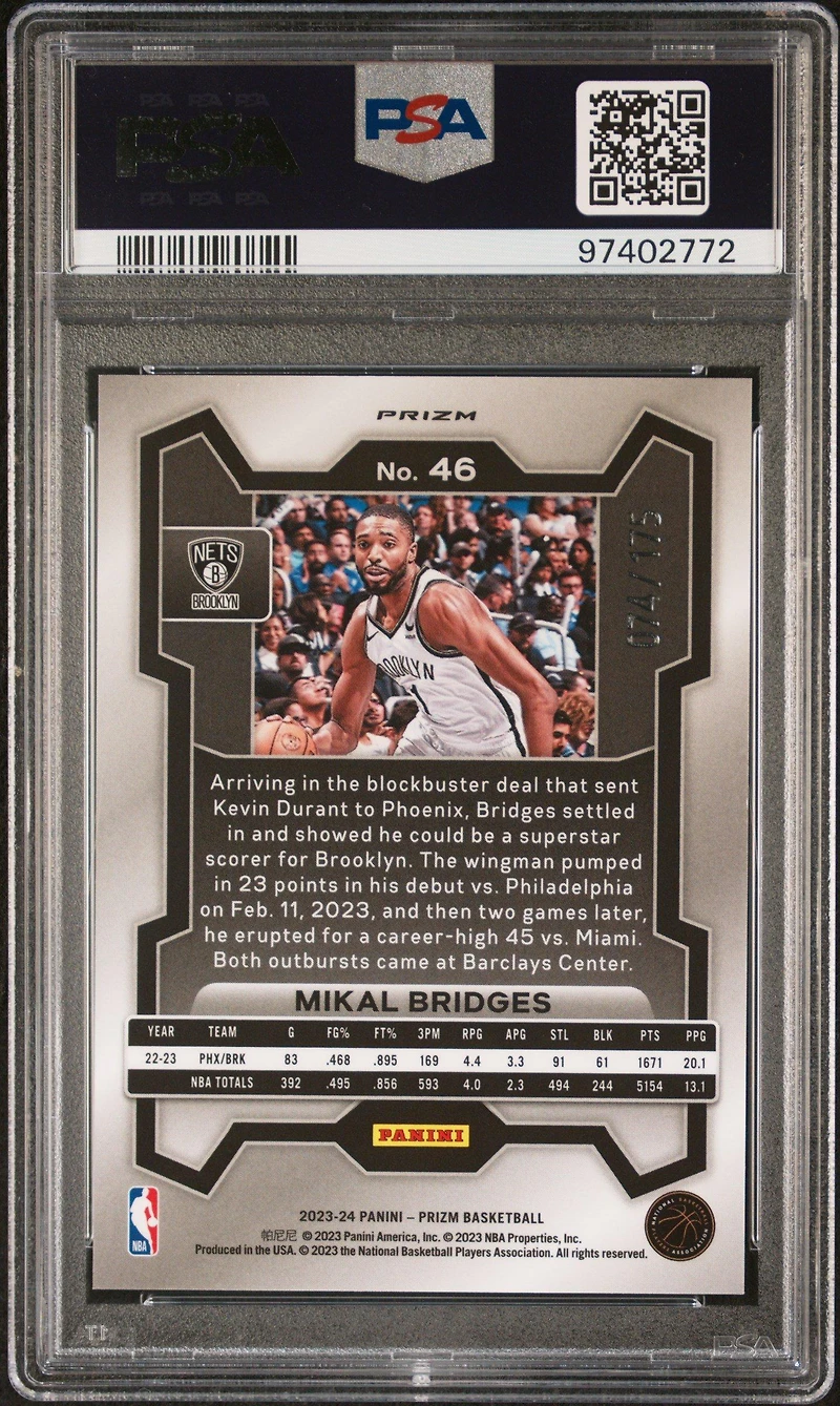 2023 Panini Prizm 46 Mikal Bridges White Prizm PSA 10