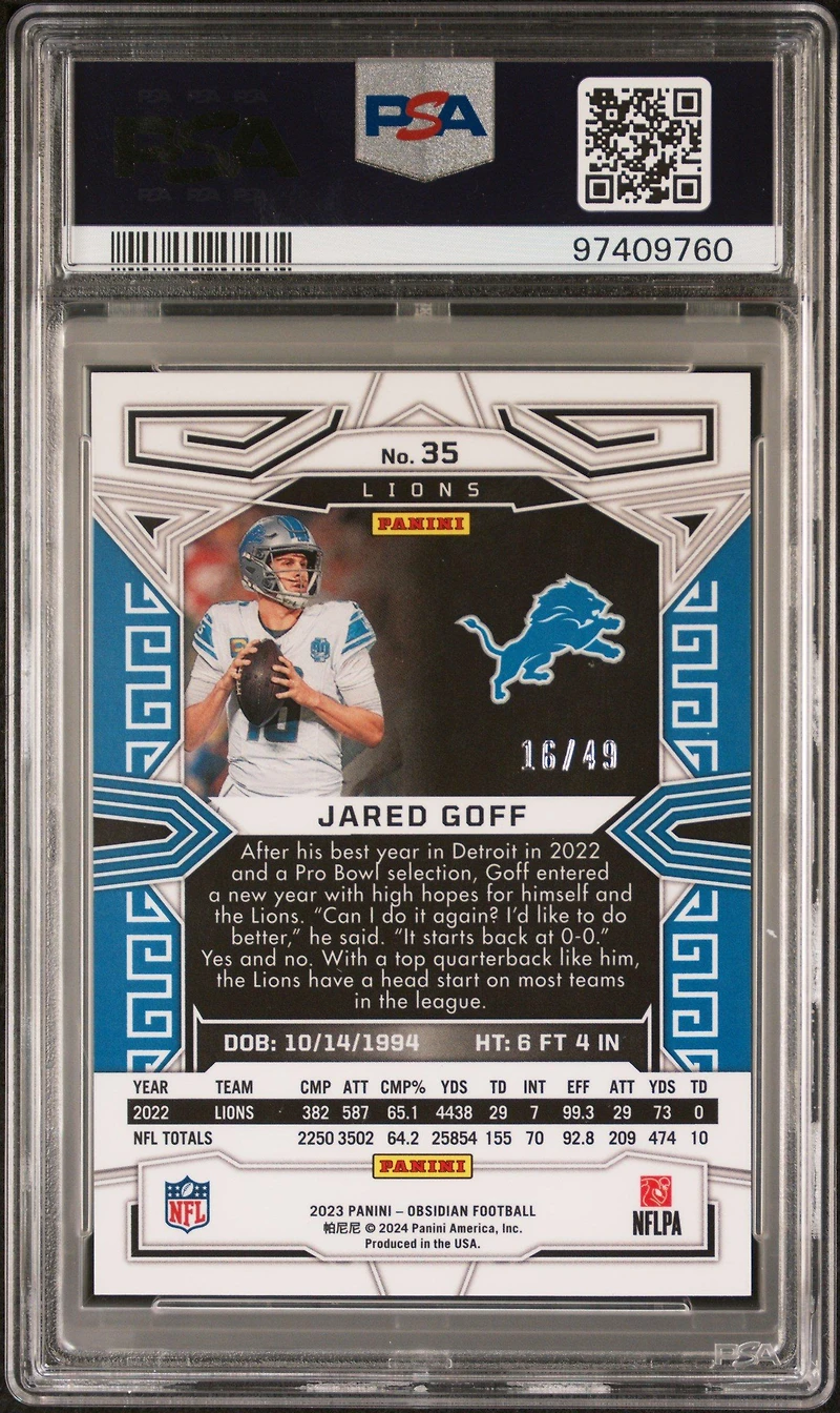 2023 Panini Obsidian 35 Jared Goff Electric Etch Orange PSA 10