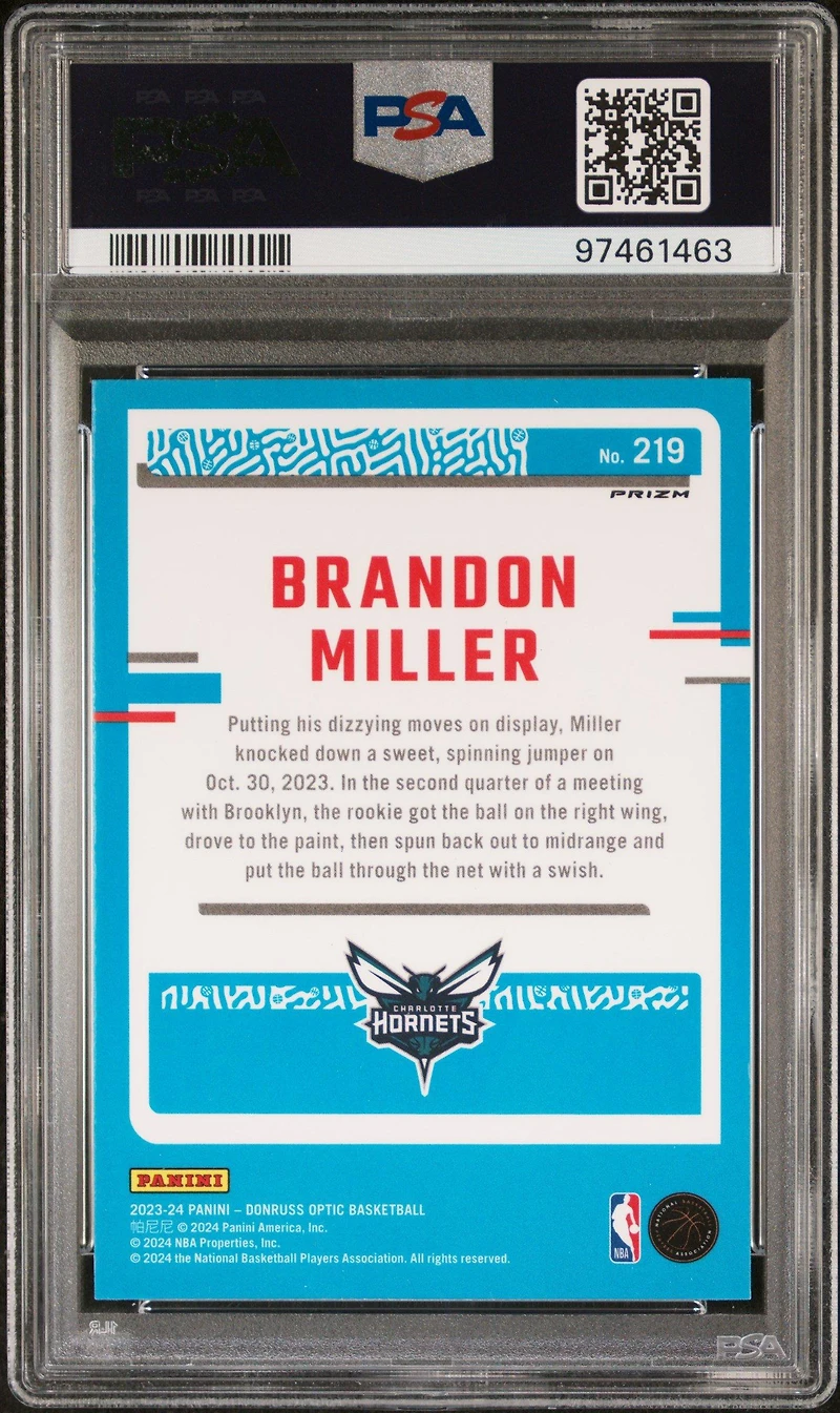 2023 Panini Donruss Optic 219 Brandon Miller Purple Shock PSA 10