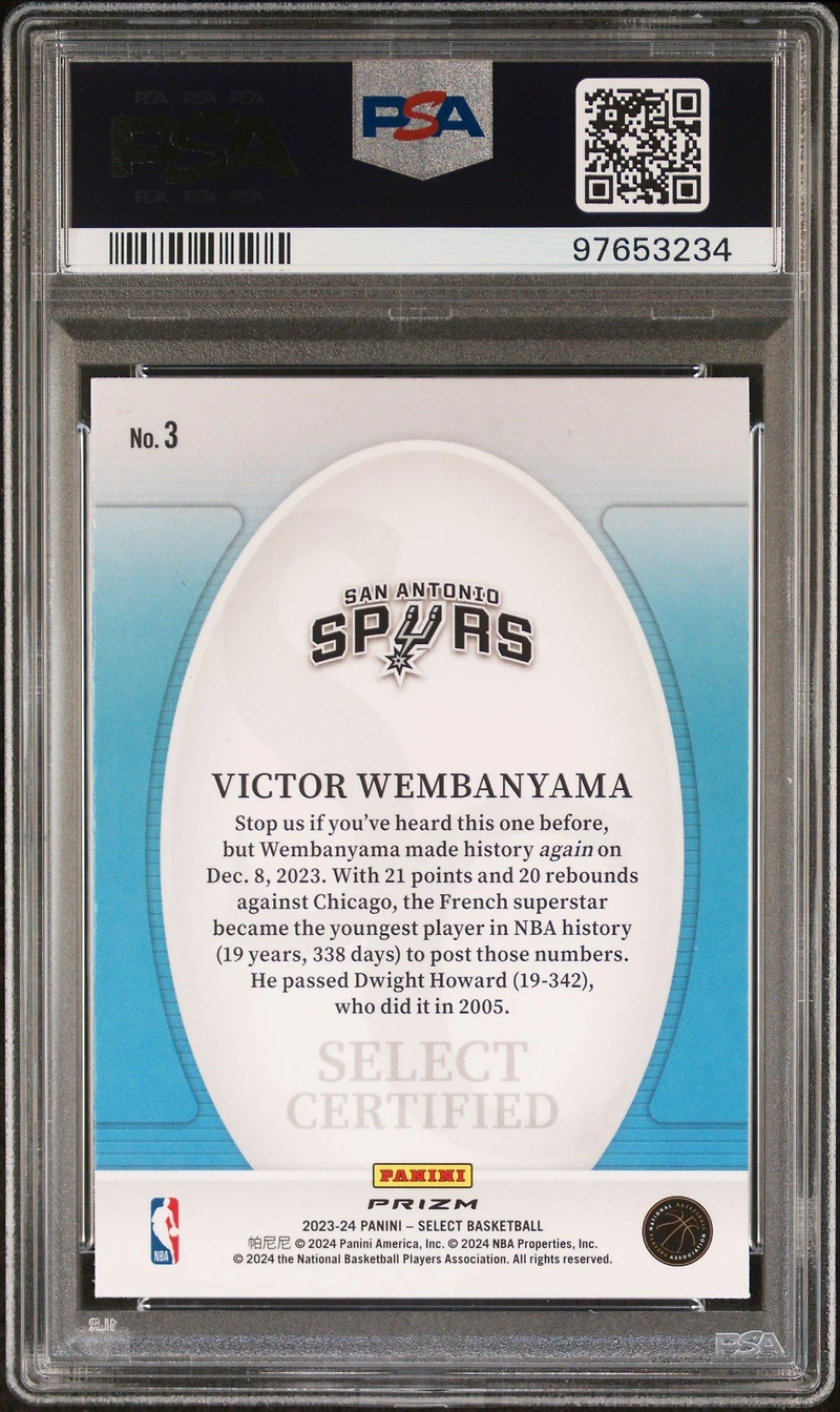 2023 Panini Select Select Certified 3 Victor Wembanyama Silver Prizm PSA 9