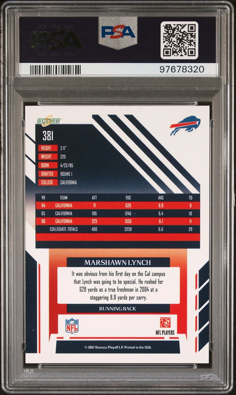 2007 Score 381 Marshawn Lynch PSA 10
