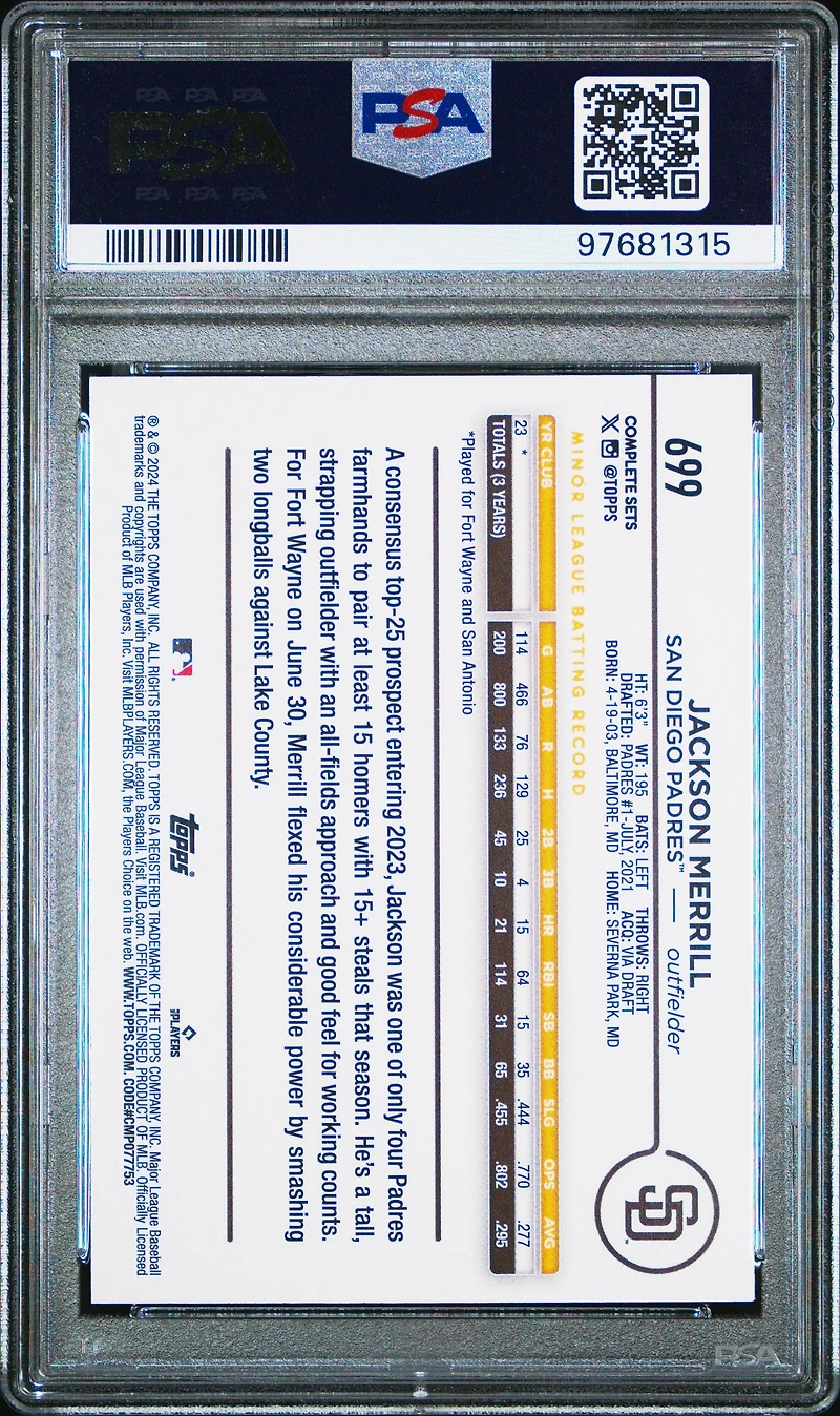 2024 Topps 699 Jackson Merrill All-star Game Exclusive PSA 10