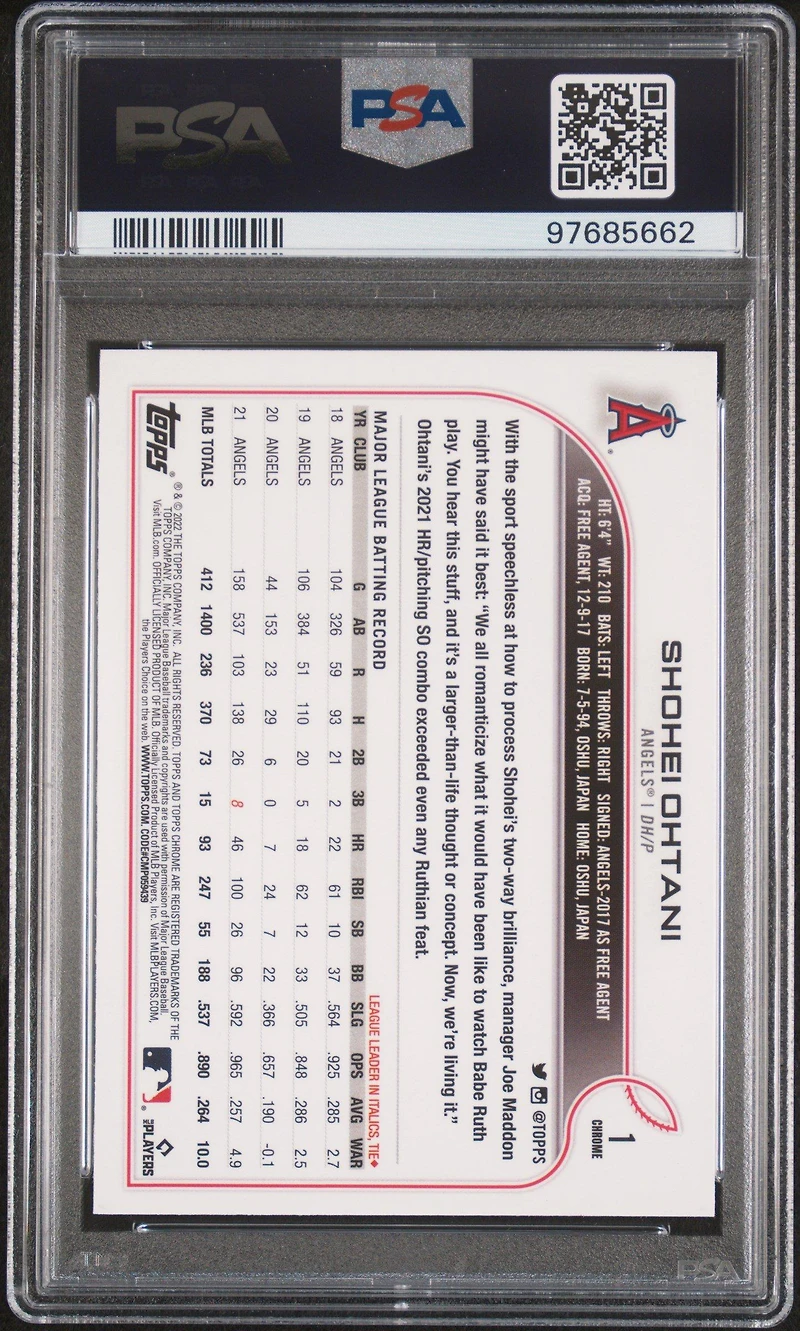 2022 Topps Chrome 1 Shohei Ohtani Prism Refractor PSA 10