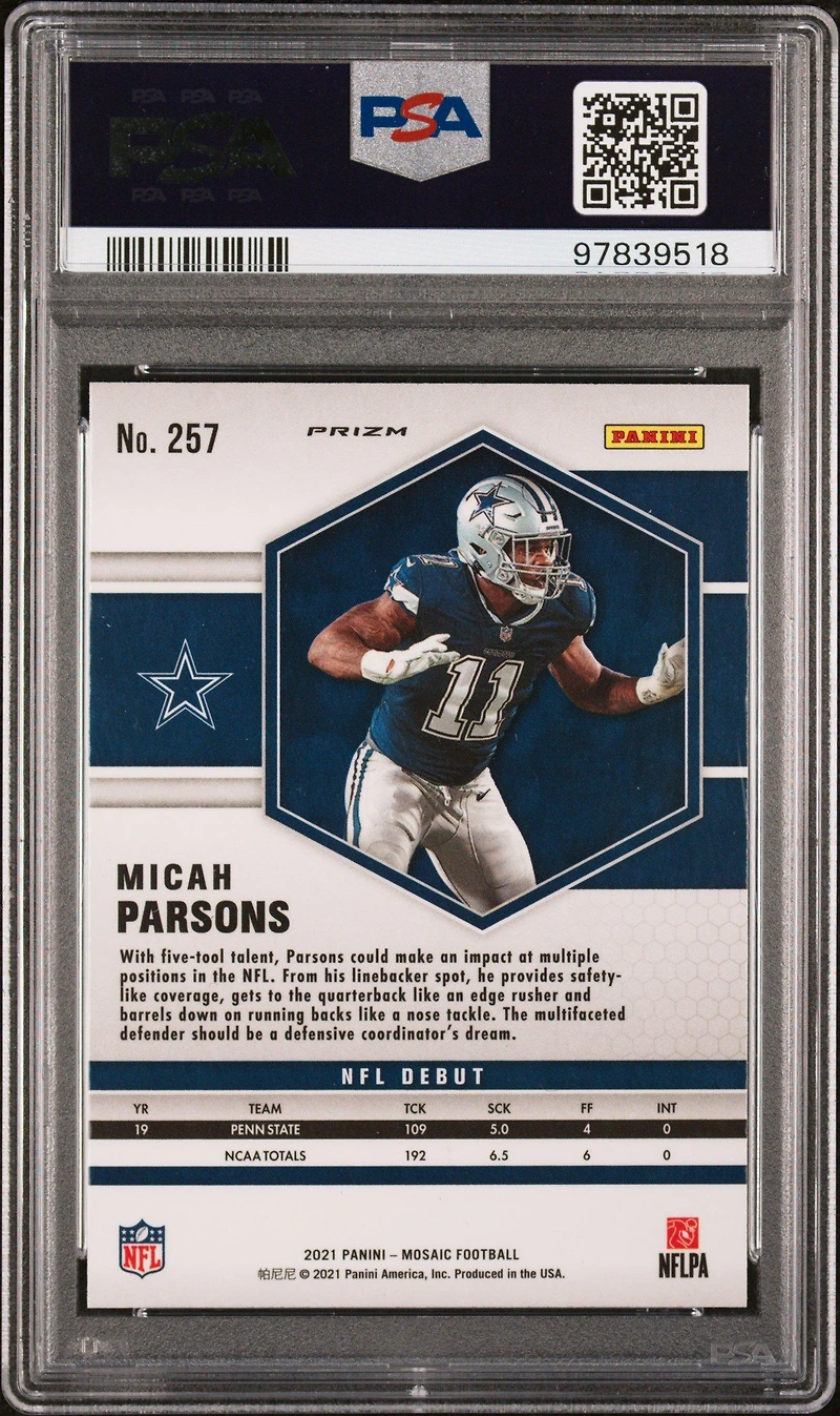 2021 Panini Mosaic 257 Micah Parsons Reactive Blue PSA 10