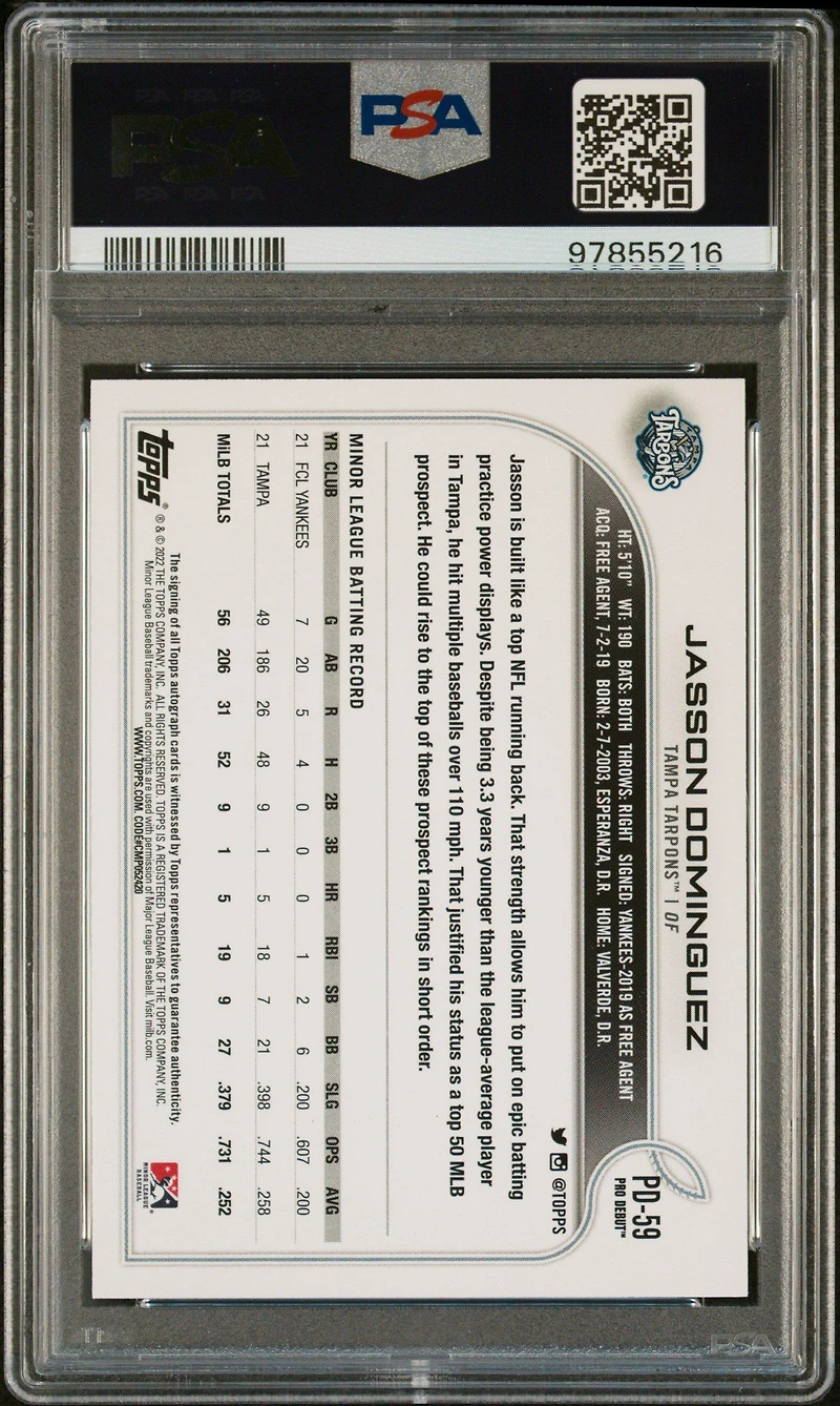 2022 Topps Pro Debut Pd59 Jasson Dominguez Autograph PSA 9