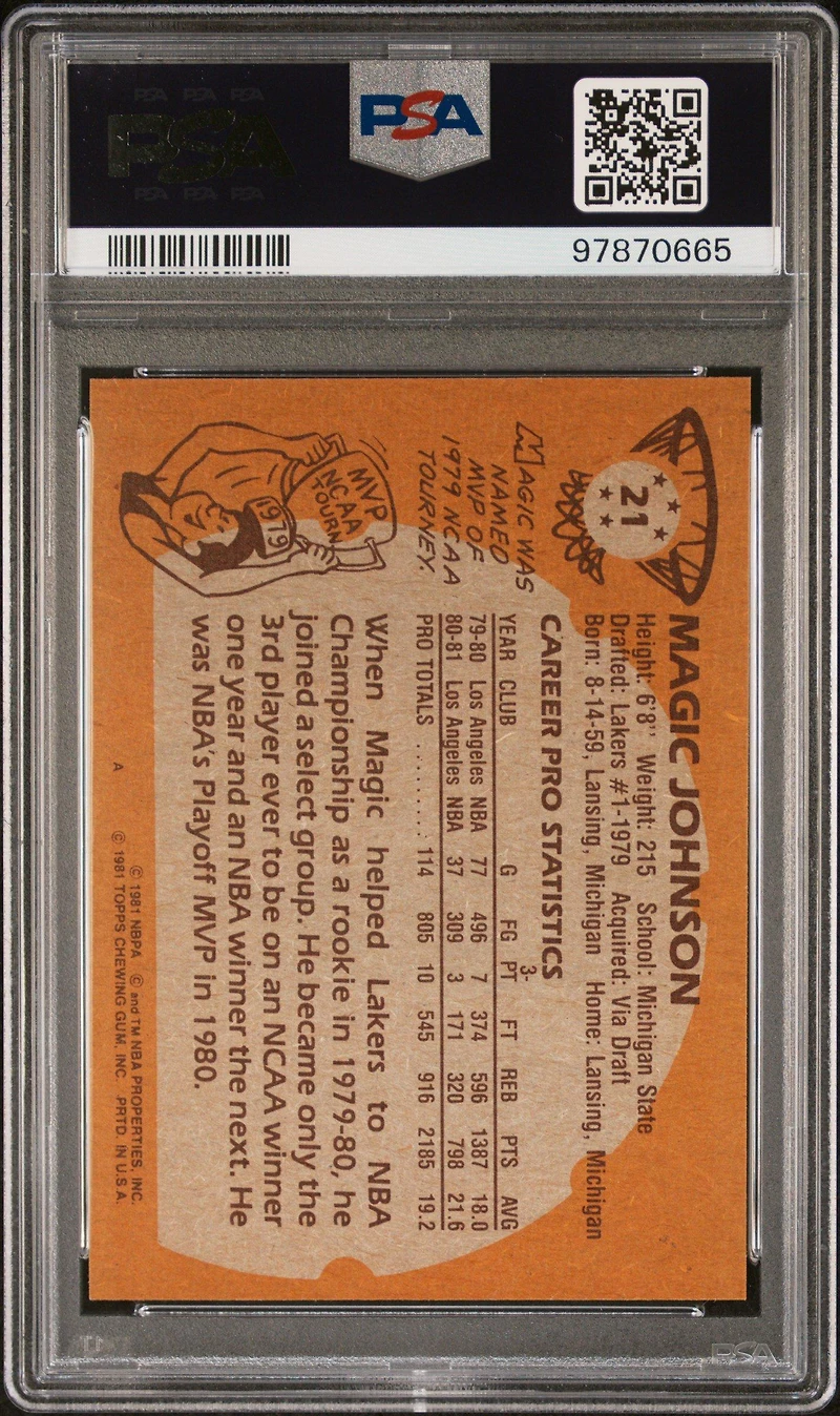 1981 Topps 21 Magic Johnson PSA 8