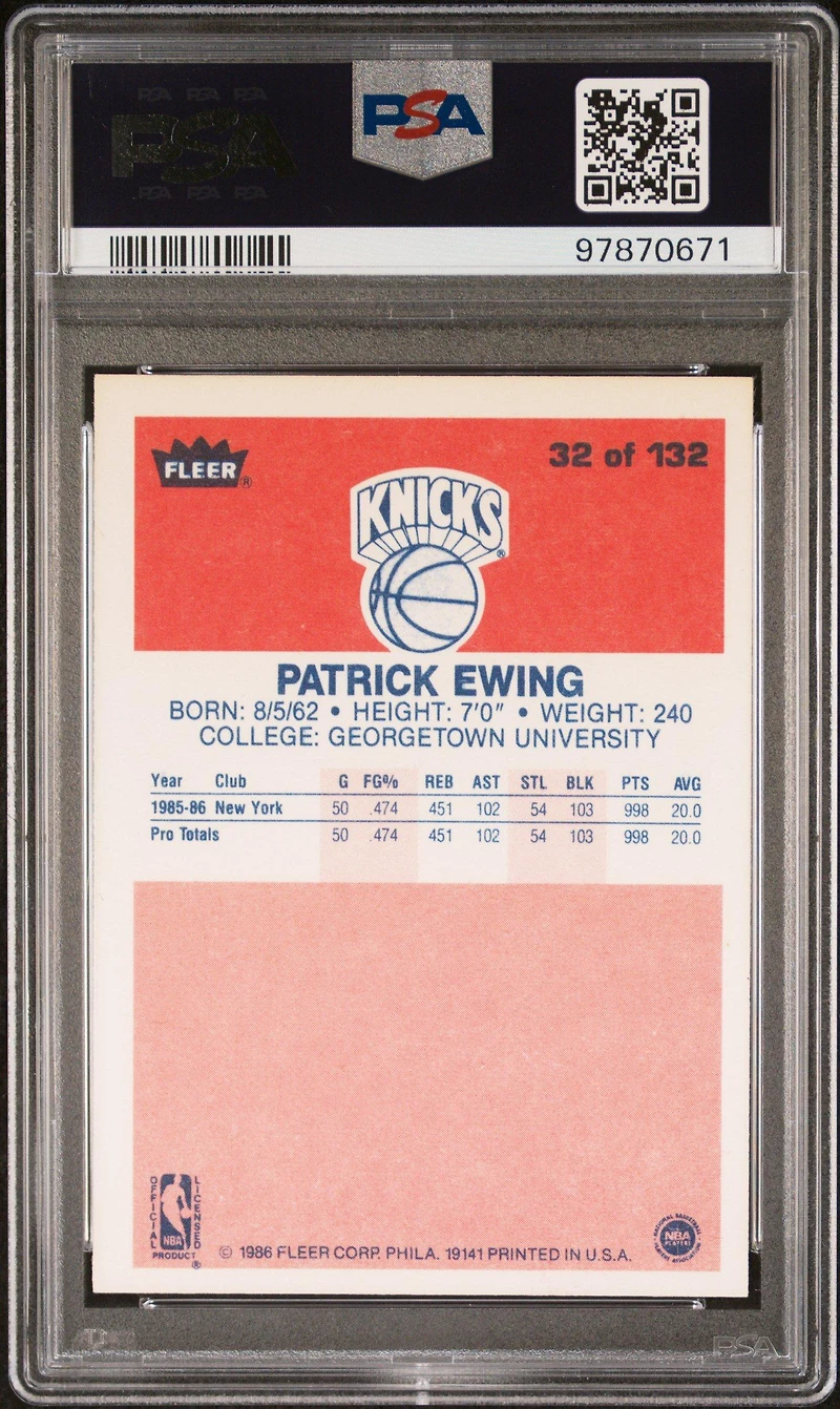 1986 Fleer 32 Patrick Ewing PSA 8