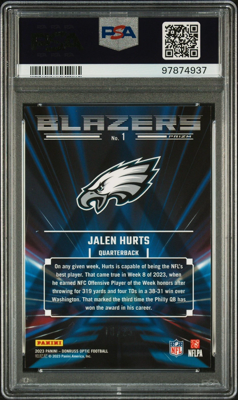 2023 Panini Donruss Optic Blazers 1 Jalen Hurts Black Pandora PSA 9