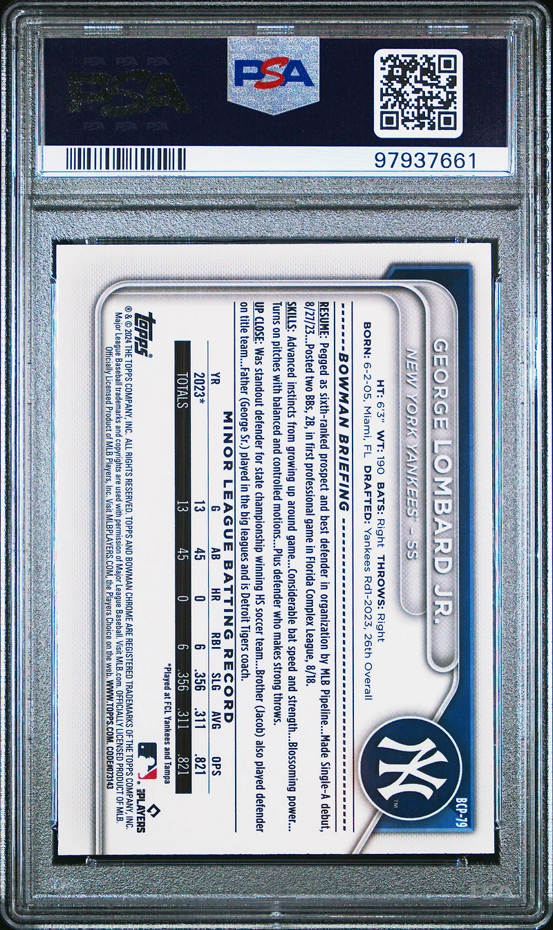 2024 Bowman Chrome Prospects Bcp79 George Lombard Jr. Blue Raywave PSA 9