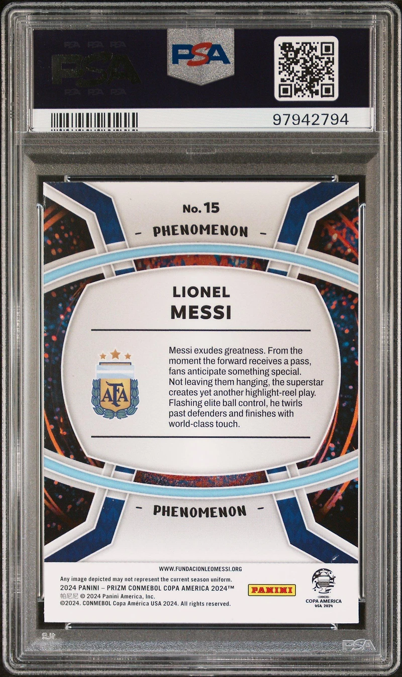 2024 Panini Prizm Conmebol Copa America Phenomenon 15 Lionel Messi PSA 10