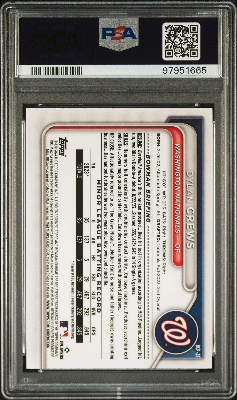 2024 Bowman Mega Box Chrome Prospects 23 Dylan Crews Green Refractor PSA 10