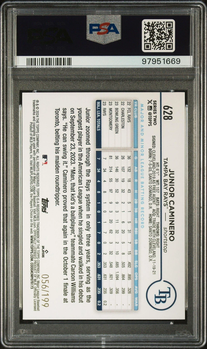 2024 Topps 628 Junior Caminero Red Foil PSA 10