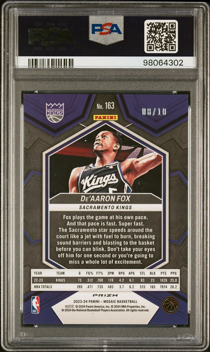 2023 Panini Mosaic 163 De'aaron Fox Green Fluorescent PSA 10