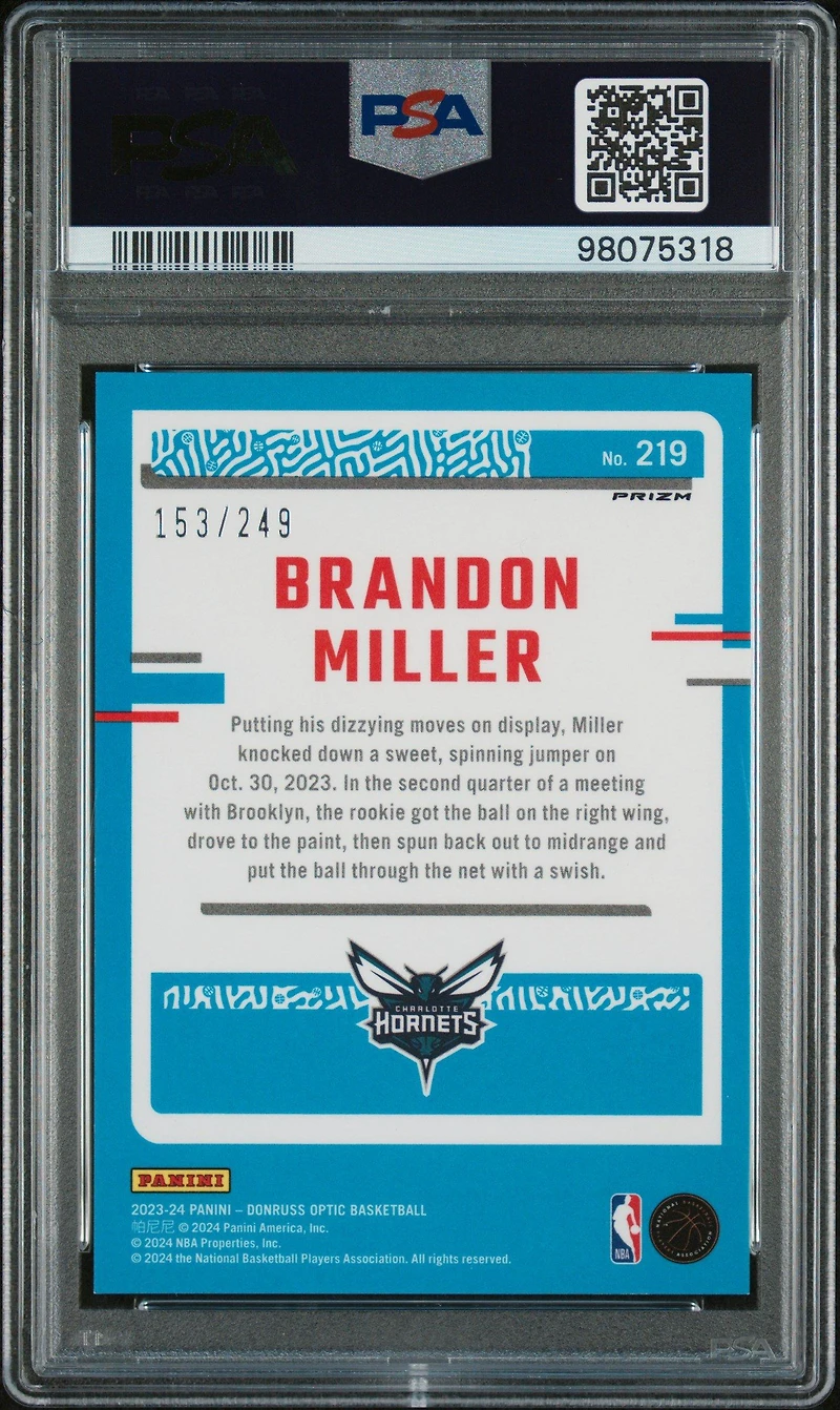 2023 Panini Donruss Optic 219 Brandon Miller Premium Box Set PSA 10