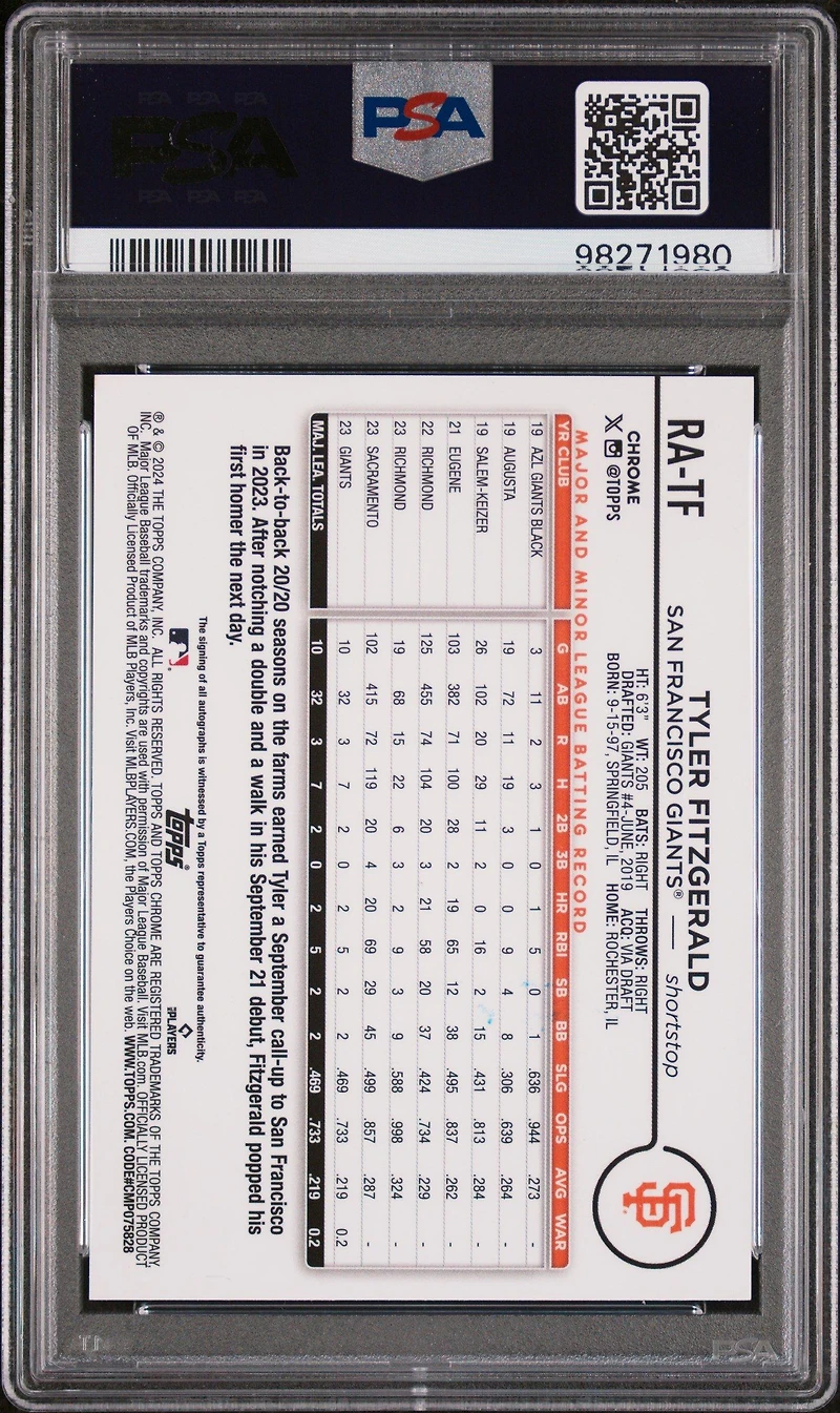 2024 Topps Chrome Rookie Autographs Ratf Tyler Fitzgerald Purple Refractor PSA 10
