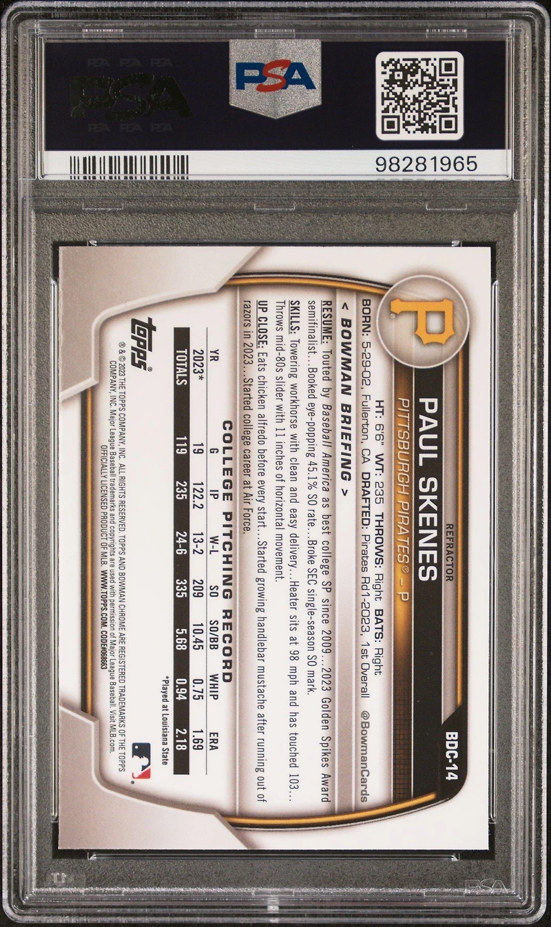 2023 Bowman Draft Bdc14 Paul Skenes Chrome-refractor PSA 9