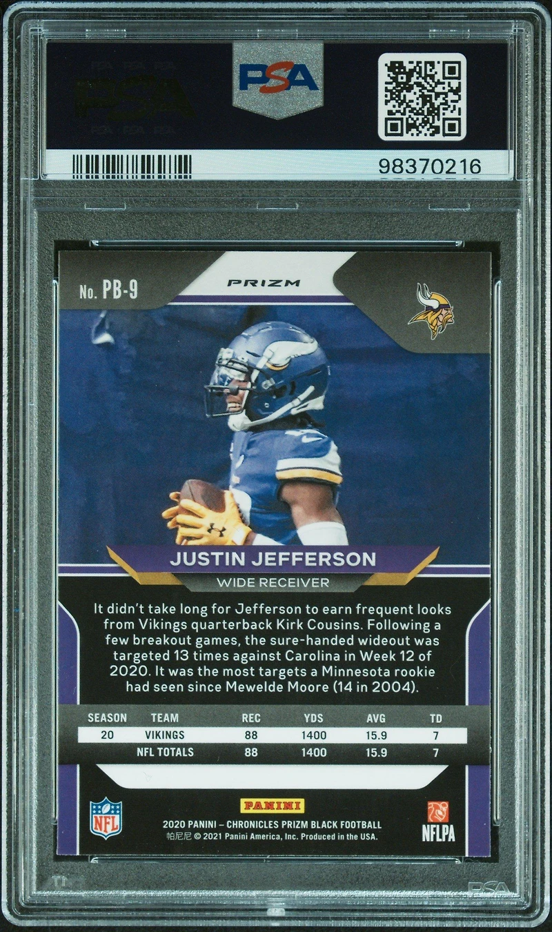 2020 Panini Chronicles Prizm Black Pb9 Justin Jefferson Silver PSA 9