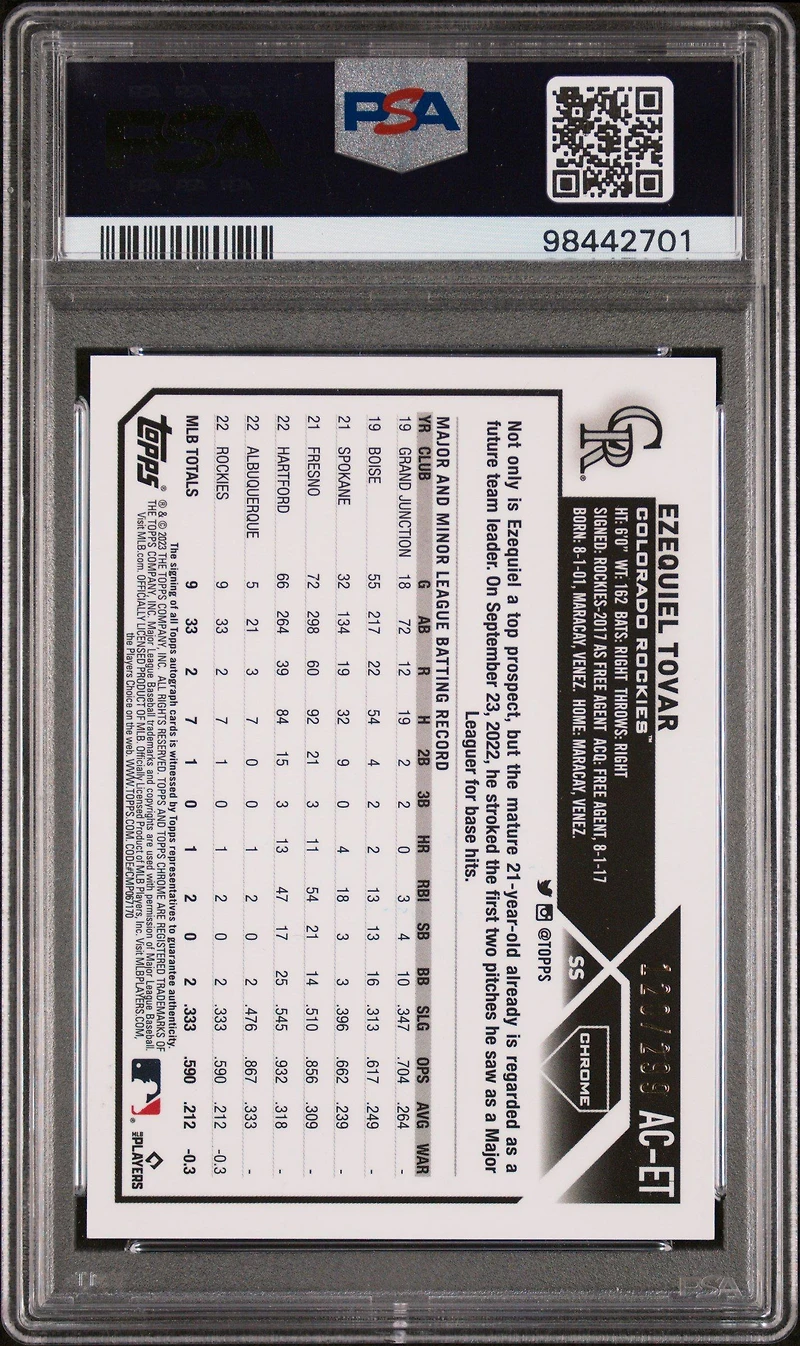 2023 Topps Chrome Update Autograph Acet Ezequiel Tovar Purple Speckle Refractor PSA 10