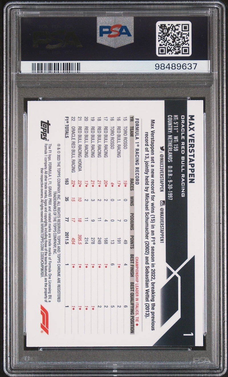 2023 Topps Chrome Formula 1 Sapphire Edition 1 Max Verstappen PSA 9