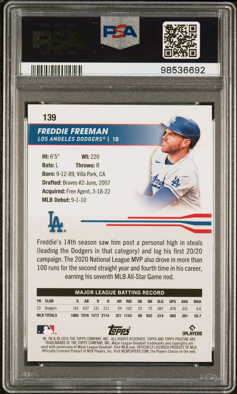 2024 Topps Pristine 139 Freddie Freeman Gold Refractor PSA 10