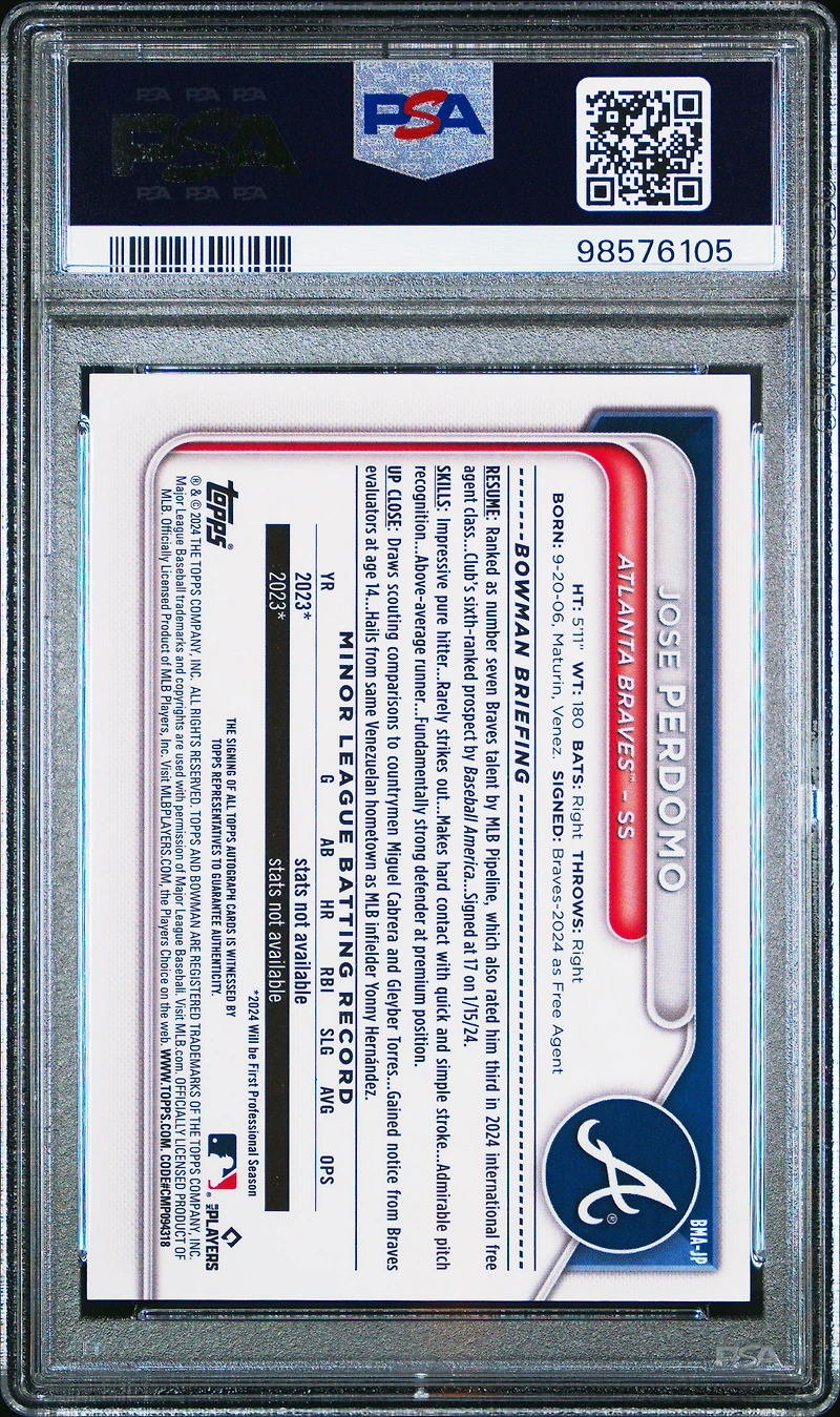 2024 Bowman Mega Box Chrome Bowman Prospect Mega Autographs Jp Jose Perdomo PSA 10