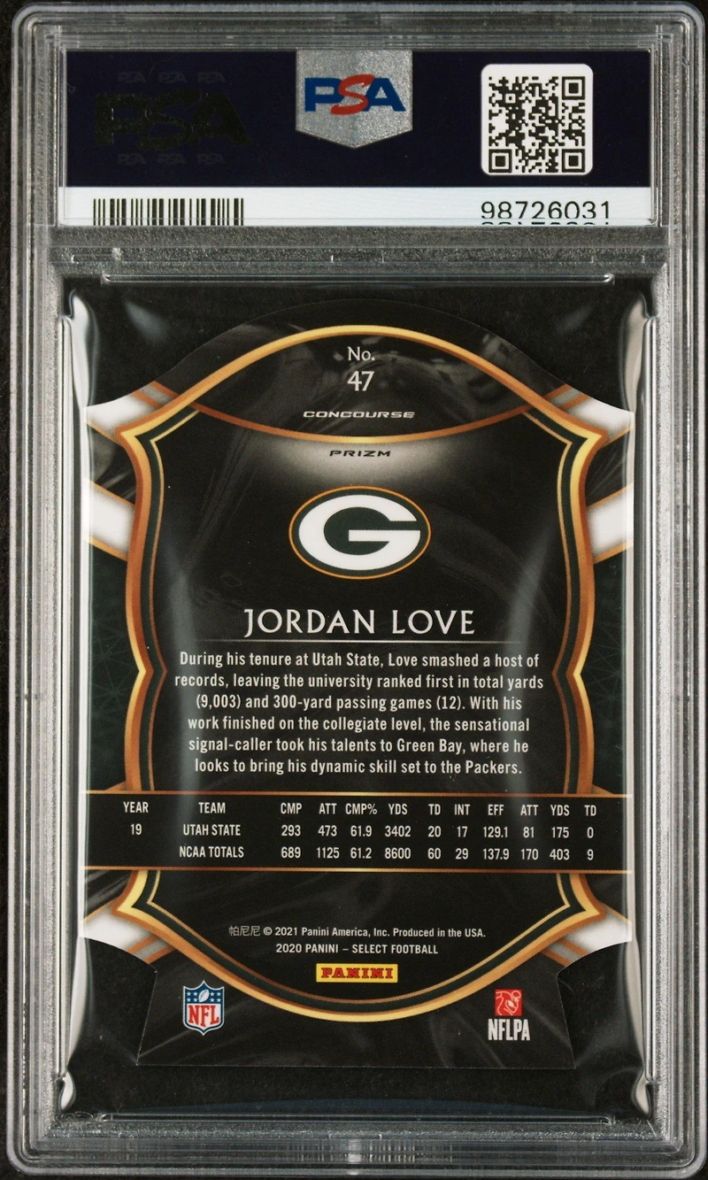 2020 Panini Select 47 Jordan Love Die-cut Maroon Prizm PSA 10