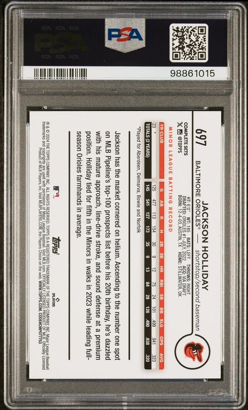 2024 Topps 697 Jackson Holliday All-star Game Exclusive PSA 10