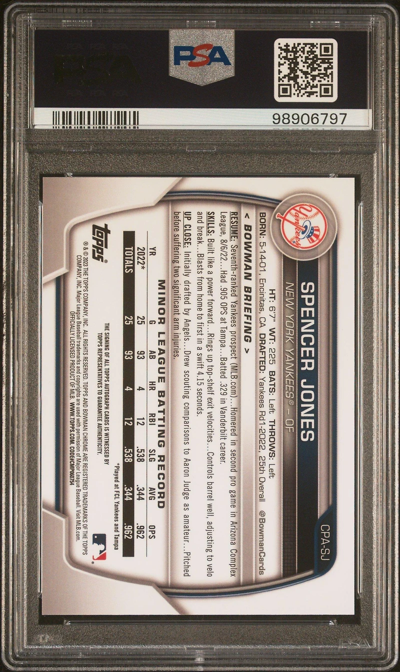 2023 Bowman Chrome Prospect Autographs Cpasj Spencer Jones PSA 10