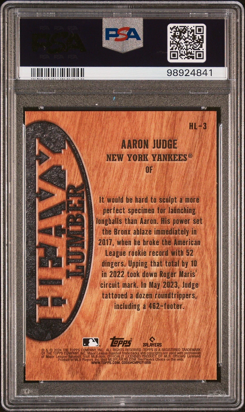 2024 Topps Heavy Lumber Hl3 Aaron Judge PSA 10