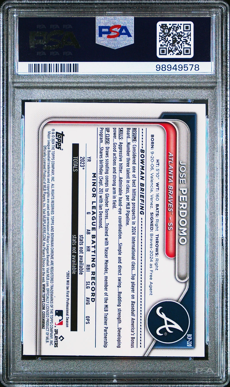 2024 Bowman Chrome Prospects Bcp220 Jose Perdomo Shimmer Refractor PSA 10