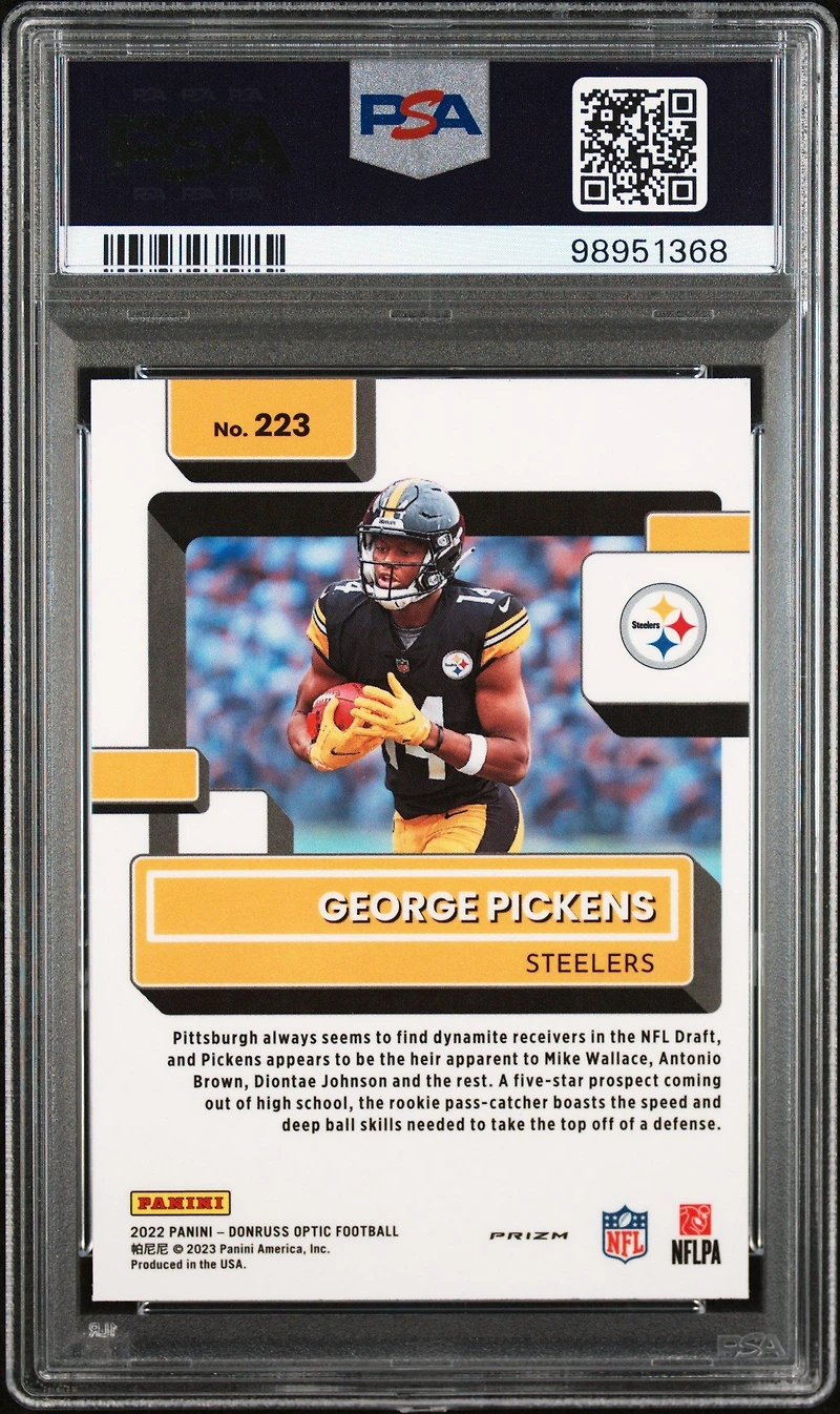2022 Panini Donruss Optic 223 George Pickens Purple Shock PSA 10