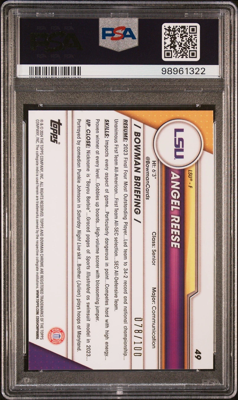 2023 Bowman University Chrome 49 Angel Reese Raywave PSA 9