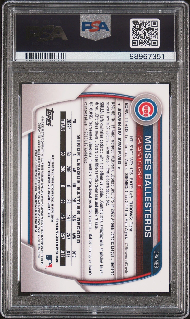 2023 Bowman Chrome Prospect Autographs Cpambs Moises Ballesteros PSA 10