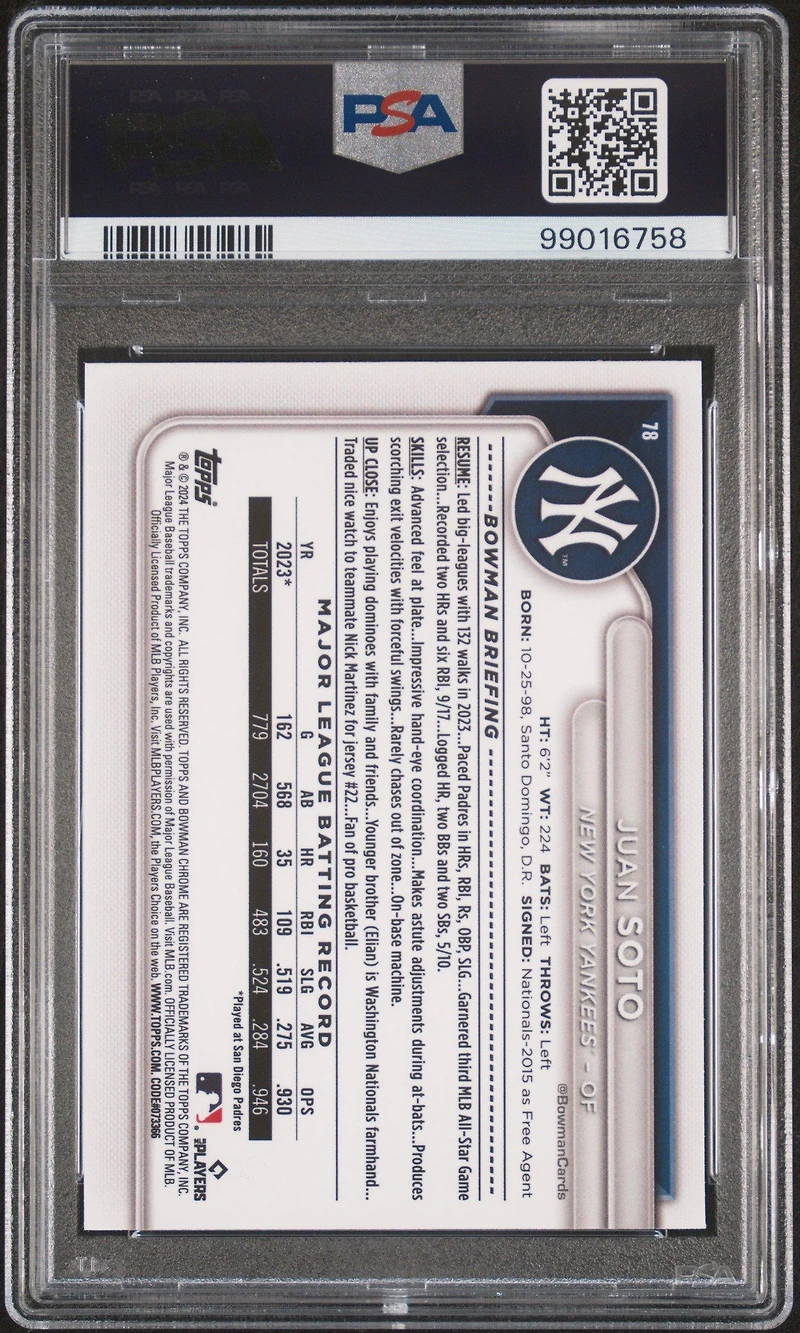 2024 Bowman Mega Box Chrome 78 Juan Soto PSA 10