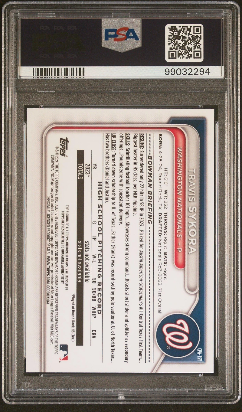 2024 Bowman Chrome Prospect Autographs Cpatsy Travis Sykora PSA 9