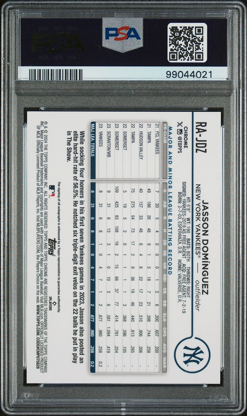 2024 Topps Chrome Rookie Autographs Rajdz Jasson Dominguez PSA 10