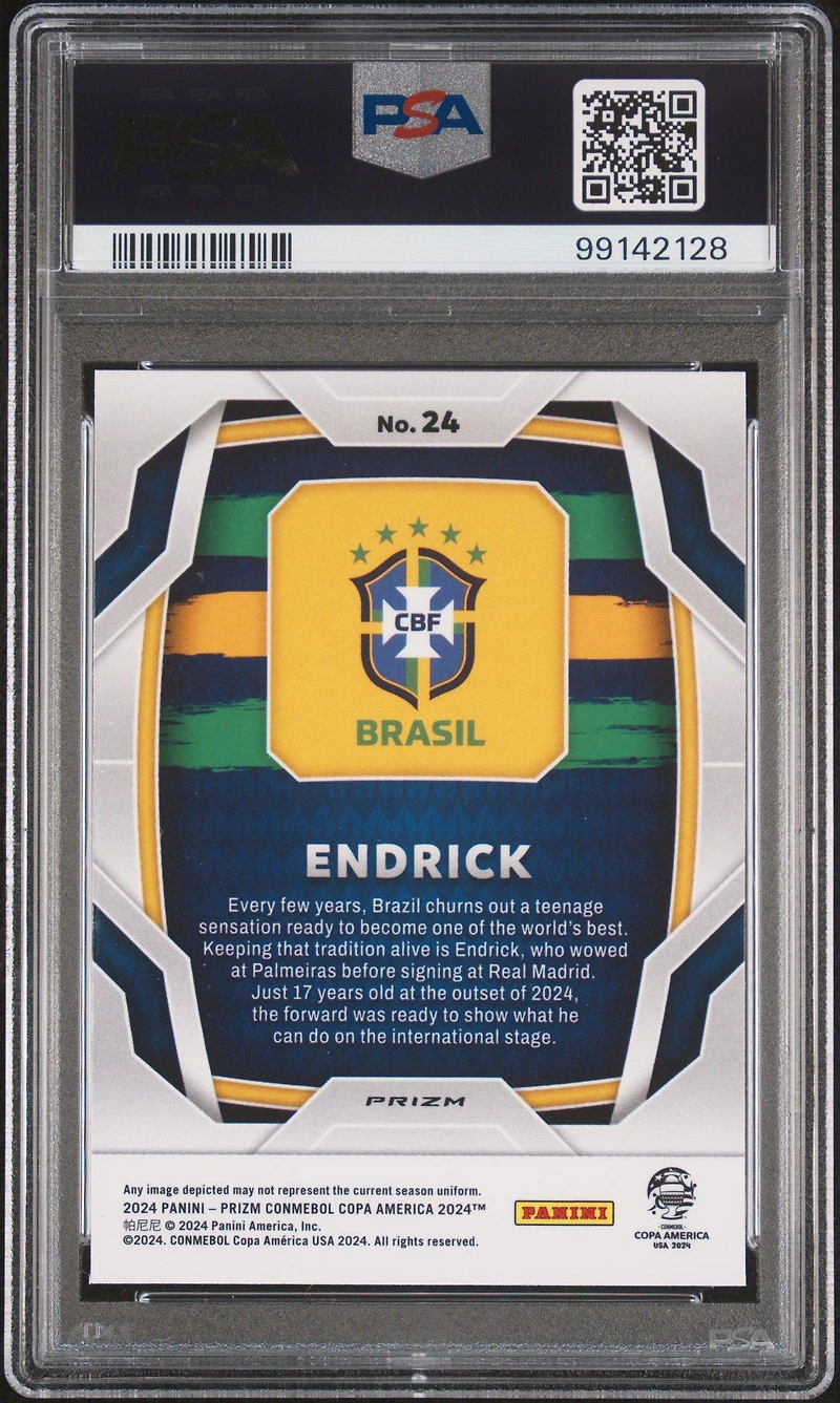 2024 Panini Prizm Conmebol Copa America 24 Endrick Tiger Stripe Prizm PSA 10