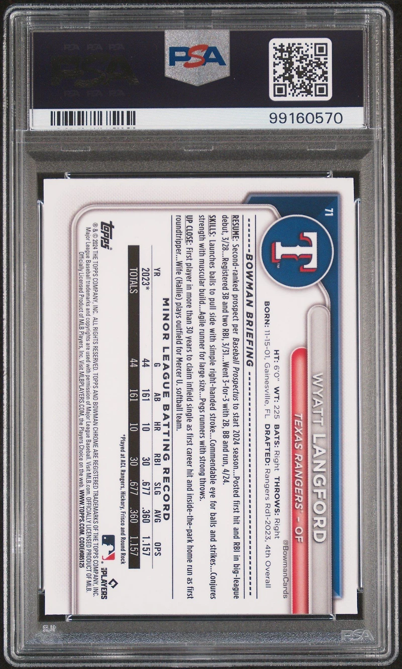 2024 Bowman Chrome 71 Wyatt Langford Sp PSA 10