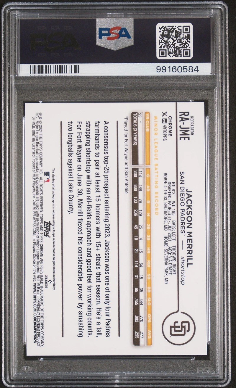 2024 Topps Chrome Rookie Autographs Rajme Jackson Merrill Refractor PSA 9