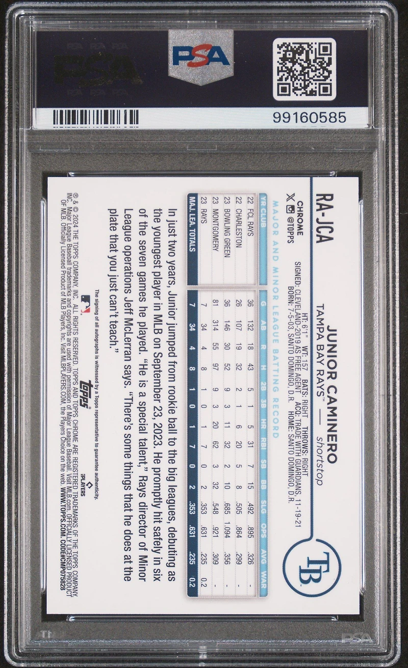 2024 Topps Chrome Rookie Autographs Rajca Junior Caminero Purple Speckle Refractor PSA 9