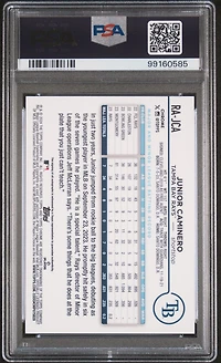 2024 Topps Chrome Rookie Autographs Rajca Junior Caminero Purple Speckle Refractor PSA 9