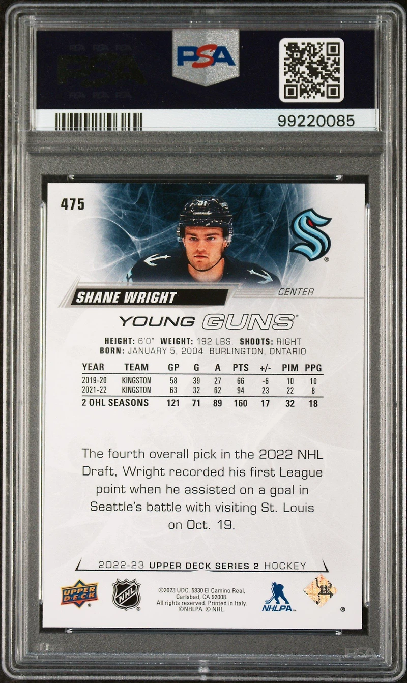 2022 Upper Deck 475 Shane Wright PSA 9