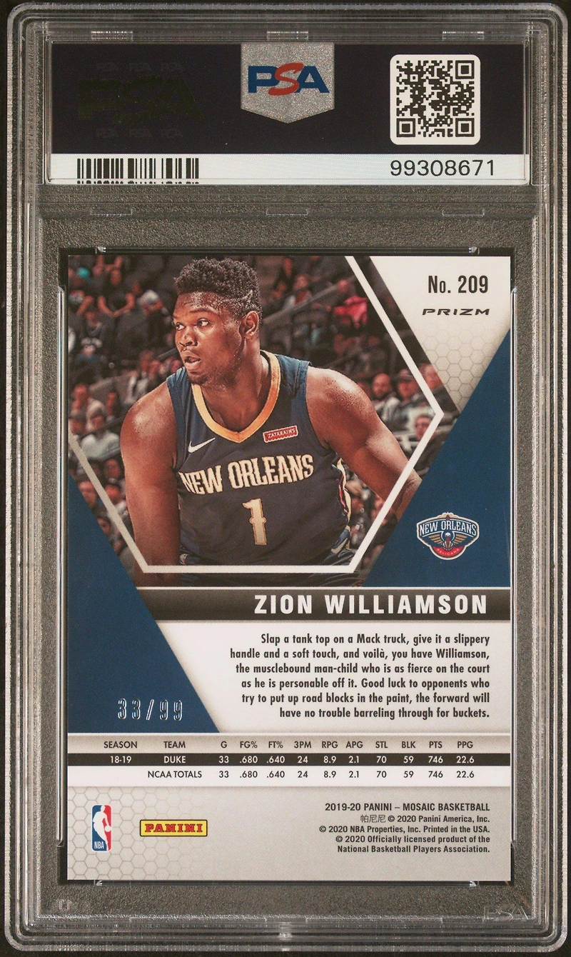 2019 Panini Mosaic 209 Zion Williamson Blue Mosaic PSA 10