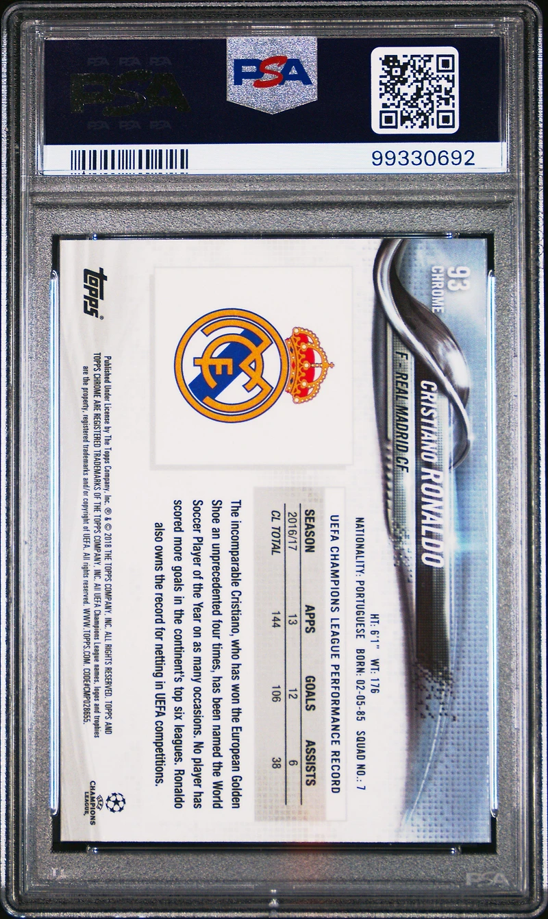 2017 Topps Chrome Uefa Champions League 93 Cristiano Ronaldo With Ball PSA 10