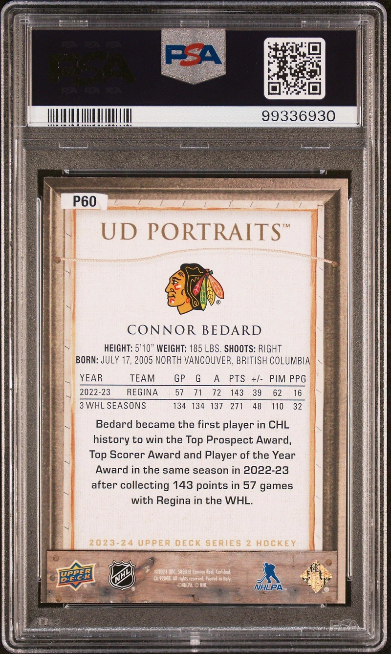 2023 Upper Deck Ud Portraits P60 Connor Bedard PSA 10