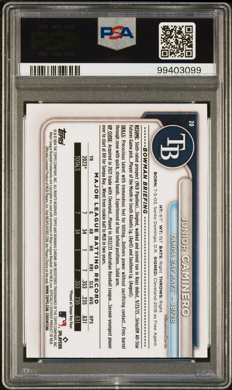 2024 Bowman Mega Box Chrome 20 Junior Caminero Fuchsia Refractor PSA 10