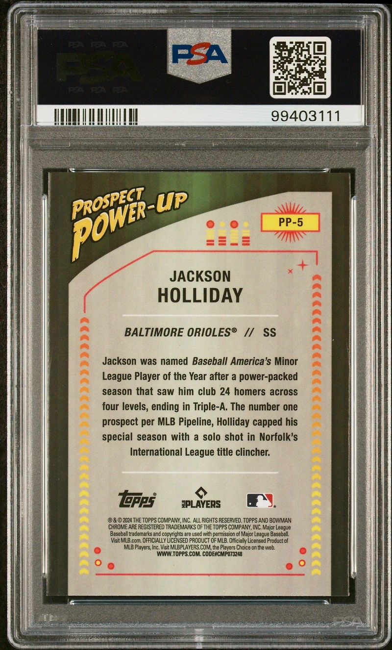 2024 Bowman Mega Box Chrome Prospect Power-up Pp5 Jackson Holliday PSA 10