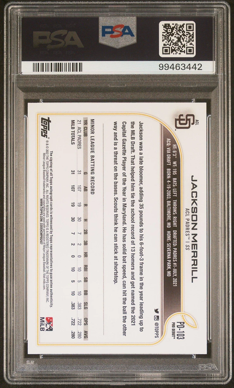 2022 Topps Pro Debut Pd103 Jackson Merrill Autograph PSA 10